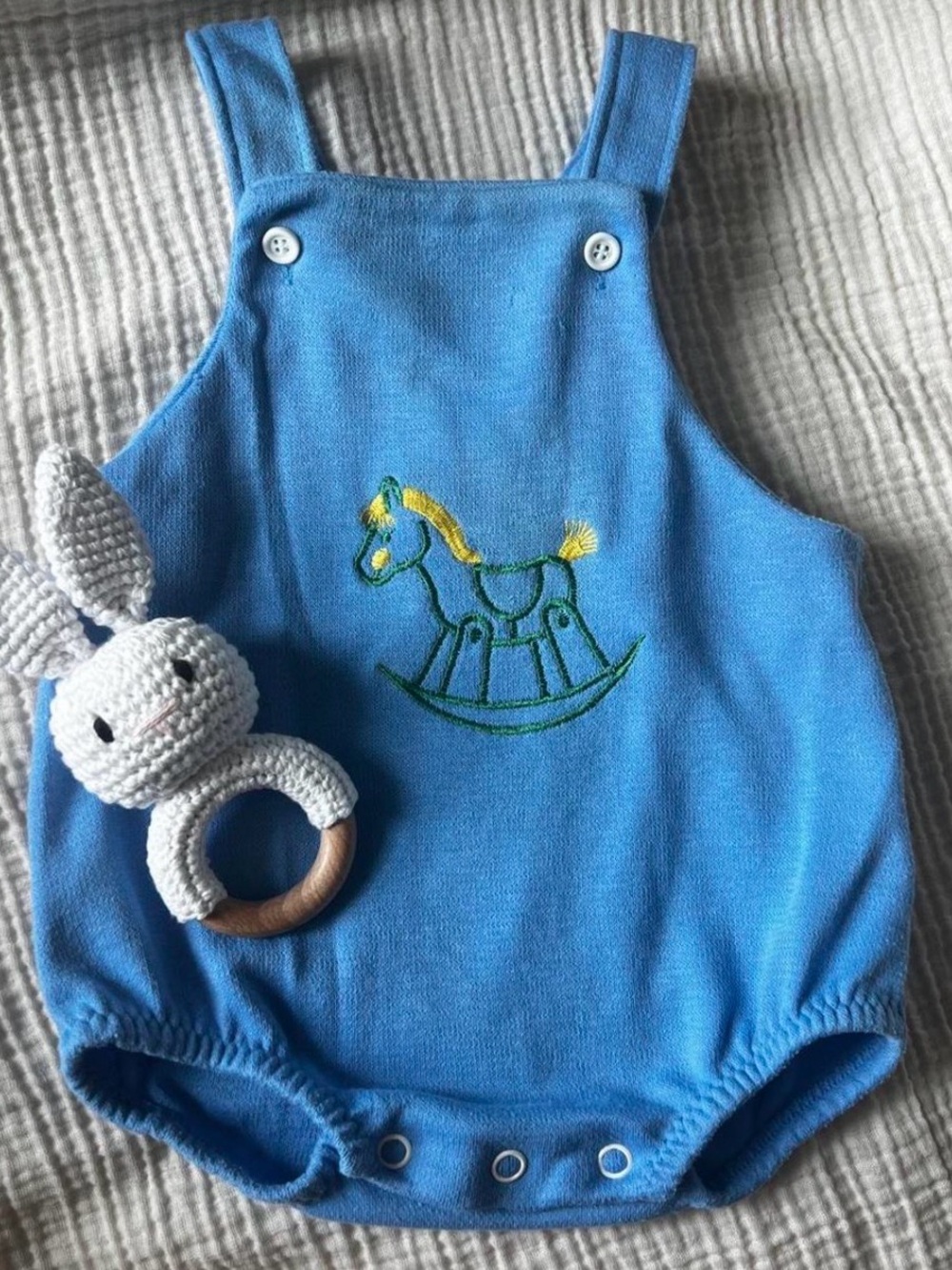 VTG Buster Brown Rocking Horse Knit Bubble Romper Blue 12M Made in USA 90s